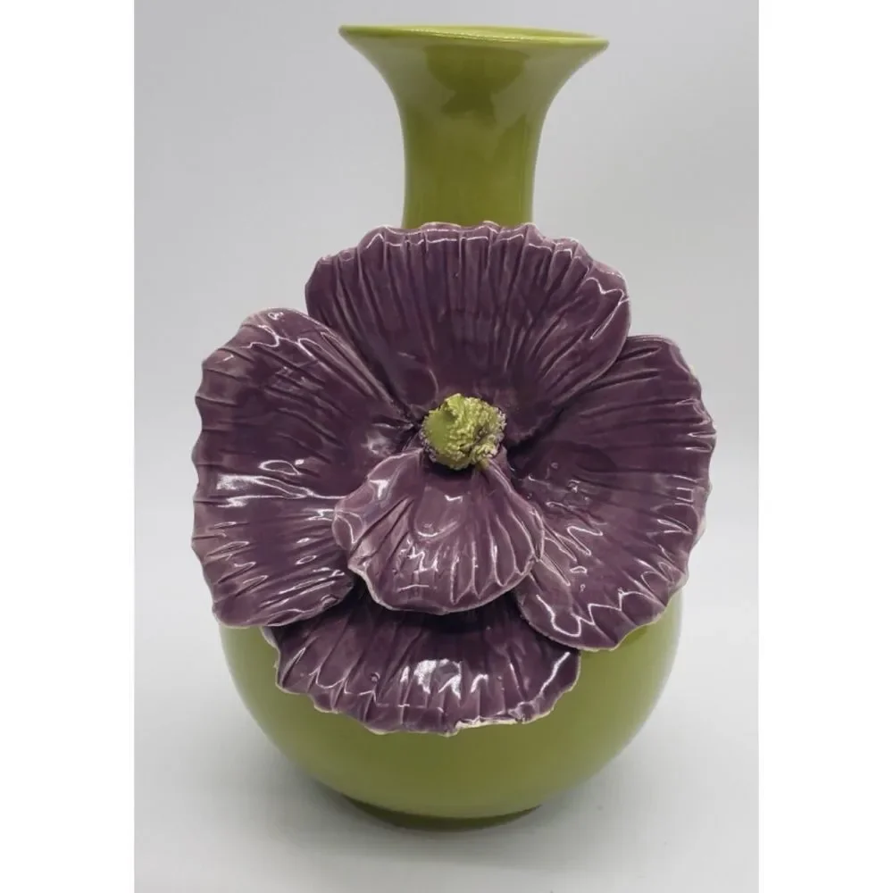Anthropologie Rose of Sharon Grand Purple Flower On Olive Green Vase 9”x6”~ New